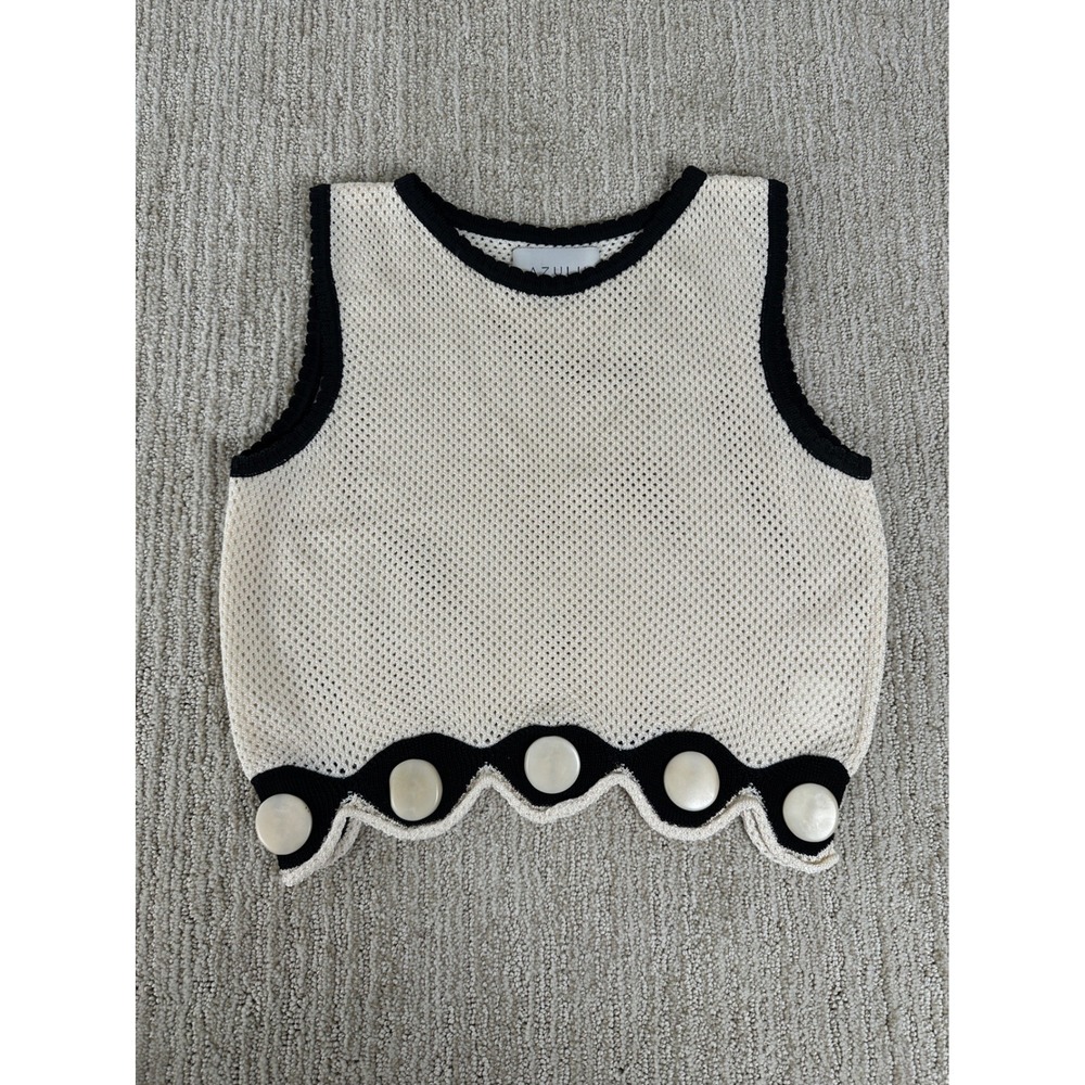 Azulu Colombia Rocio Top Cream Black Knit Scalloped Button Hem‎ Tank Shell M
